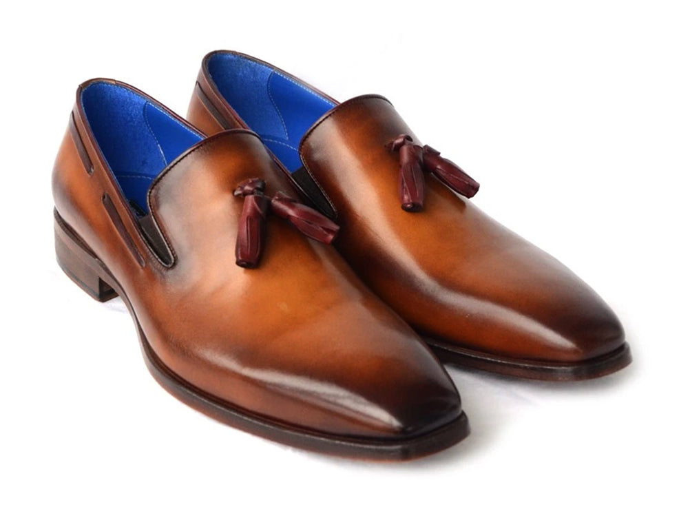 Paul Parkman Men's Tassel Loafer in walnut leather with blue lining and antiqued leather sole, showcasing elegant craftsmanship.