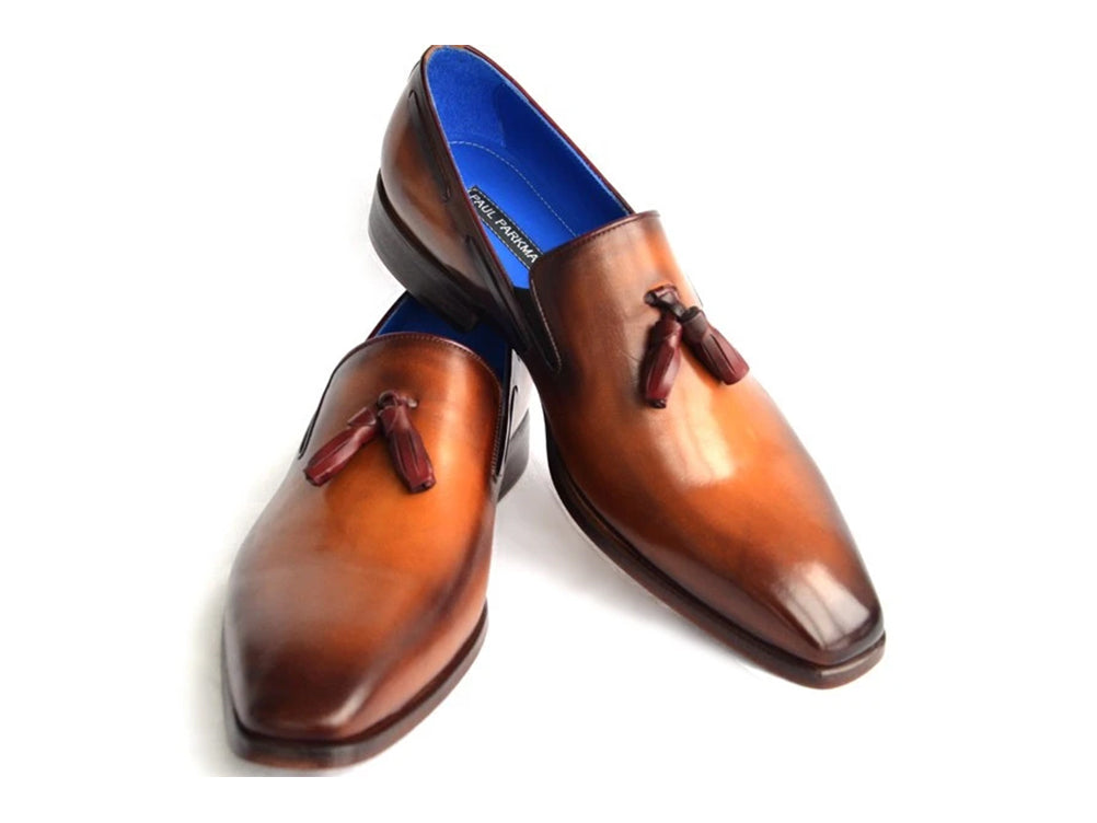 Paul Parkman Men's Tassel Loafer in walnut leather with blue lining and antiqued leather sole, showcasing elegant craftsmanship.