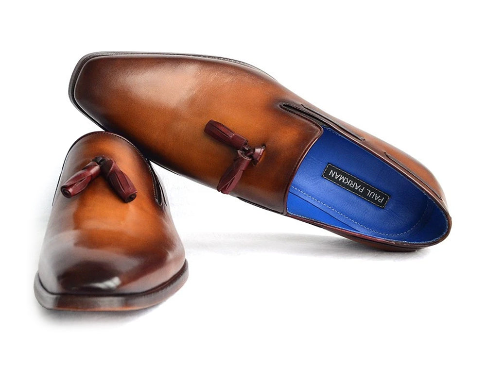 Paul Parkman Men's Tassel Loafer in walnut leather with blue lining and antiqued leather sole, showcasing elegant craftsmanship.