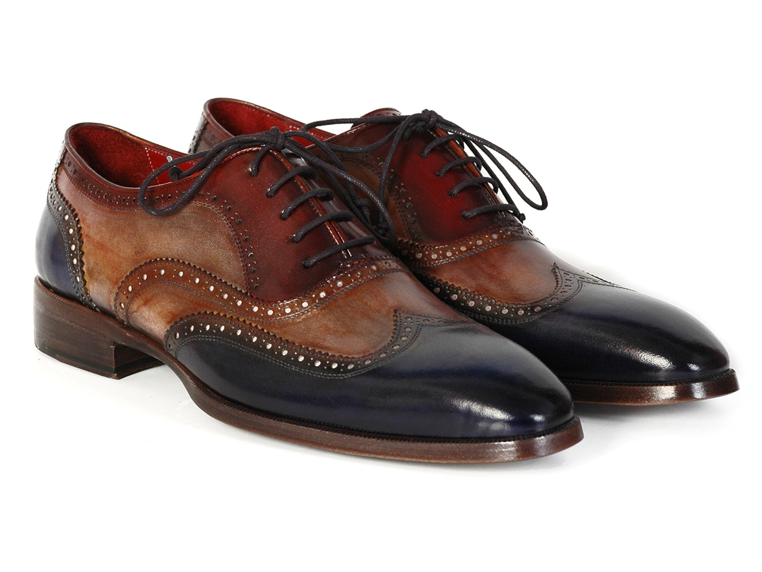 Paul Parkman Men's Three Tone Wingtip Oxfords featuring navy, camel, and bordeaux hand-painted leather with brogue detailing.