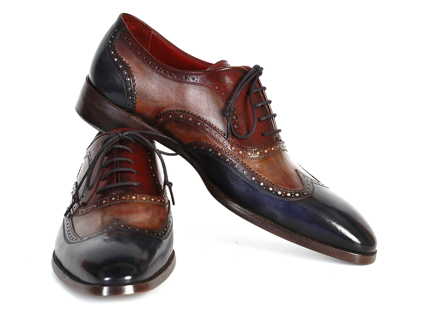 Paul Parkman Men's Three Tone Wingtip Oxfords featuring navy, camel, and bordeaux hand-painted leather with brogue detailing.