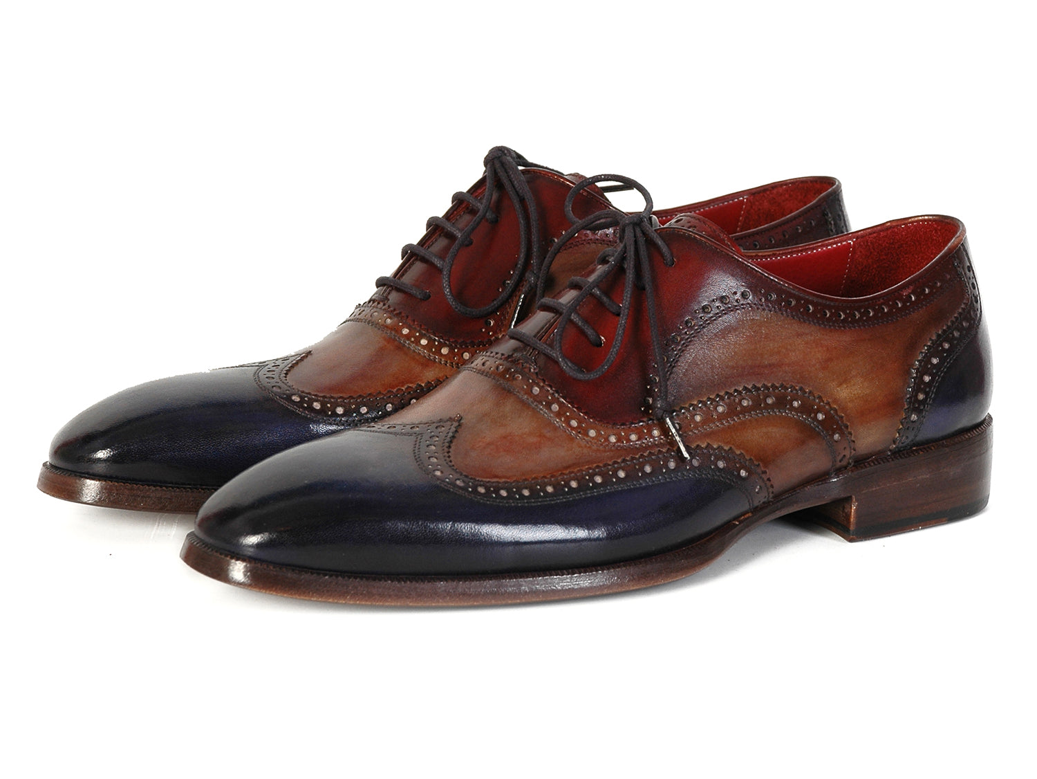 Paul Parkman Men's Three Tone Wingtip Oxfords featuring navy, camel, and bordeaux hand-painted leather with brogue detailing.