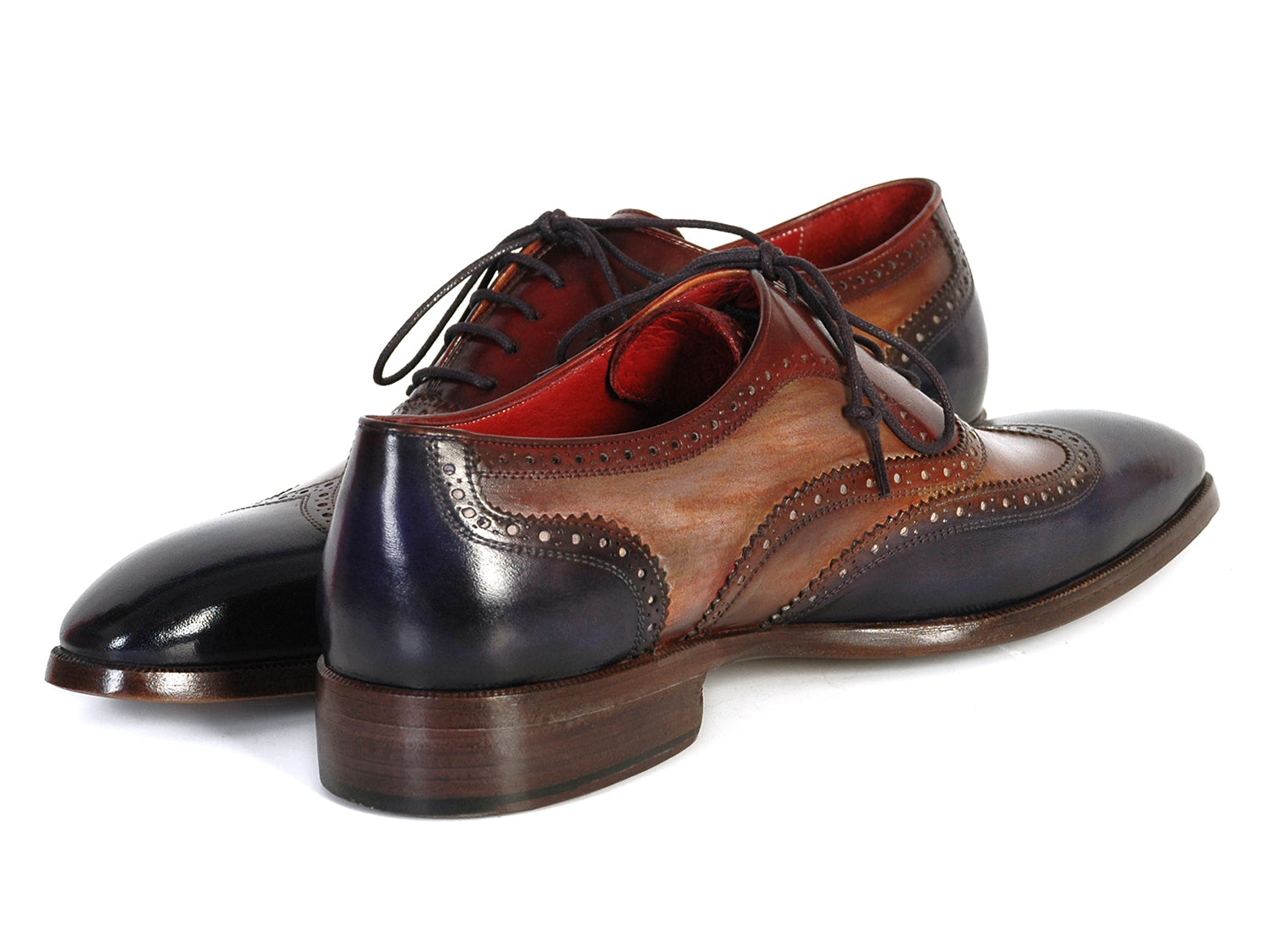 Paul Parkman Men's Three Tone Wingtip Oxfords featuring navy, camel, and bordeaux hand-painted leather with brogue detailing.