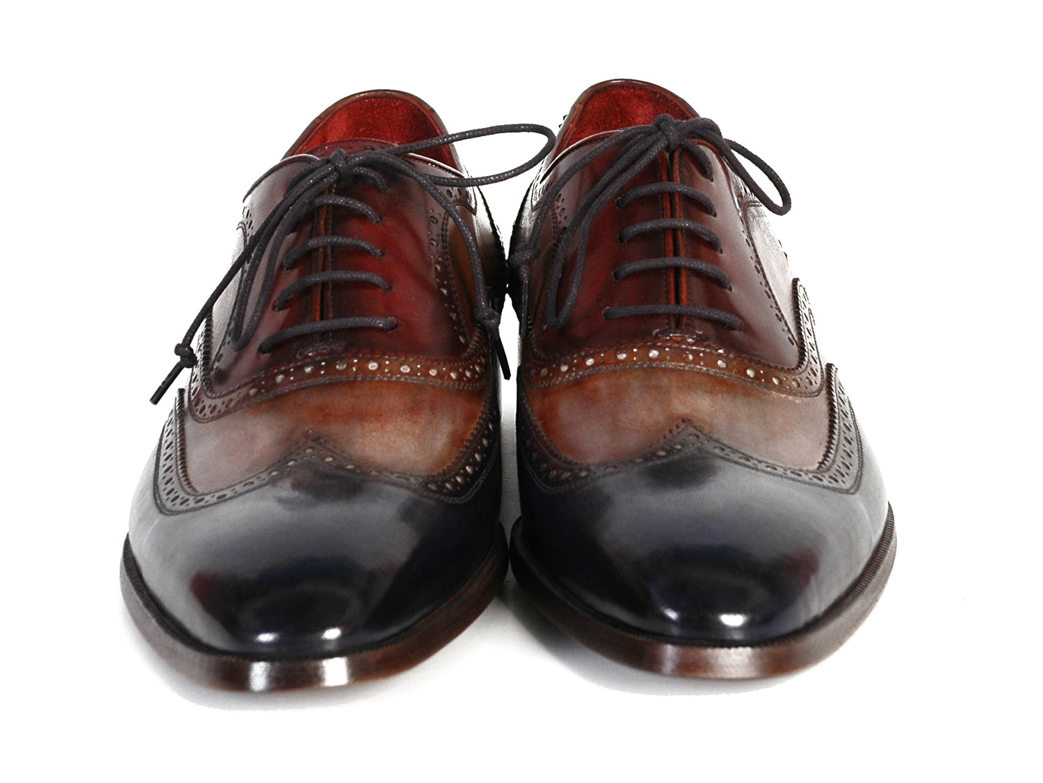 Paul Parkman Men's Three Tone Wingtip Oxfords featuring navy, camel, and bordeaux hand-painted leather with brogue detailing.