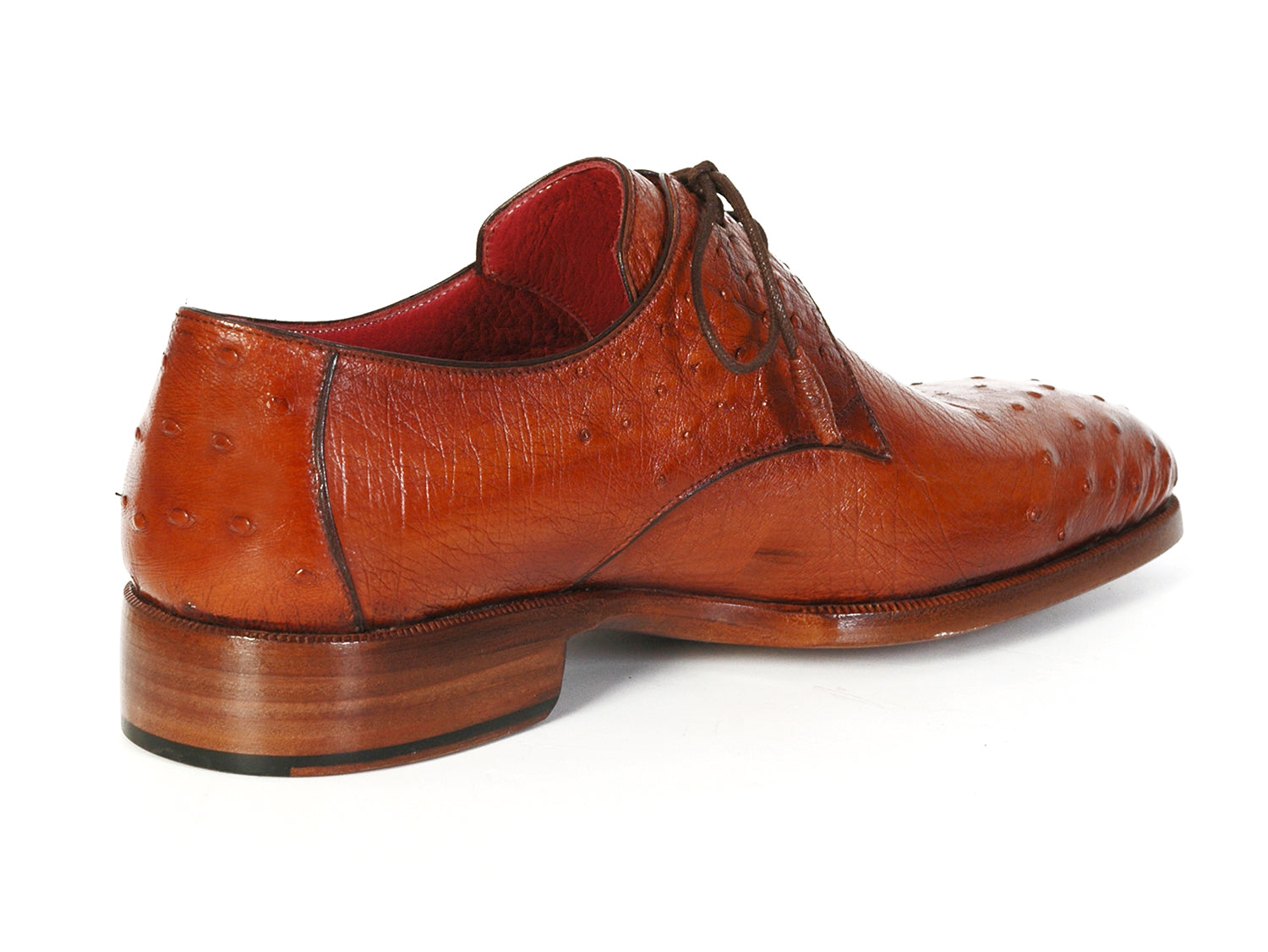 Paul Parkman Men's Tobacco Color Genuine Ostrich Leather Upper Derby shoes showcasing a luxurious design with leather wrapped laces and a double leather sole.