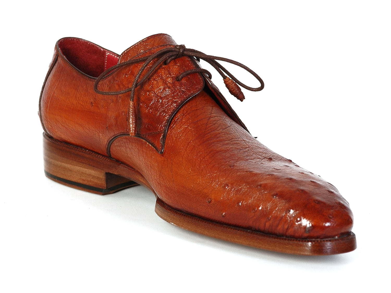 Paul Parkman Men's Tobacco Color Genuine Ostrich Leather Upper Derby shoes showcasing a luxurious design with leather wrapped laces and a double leather sole.