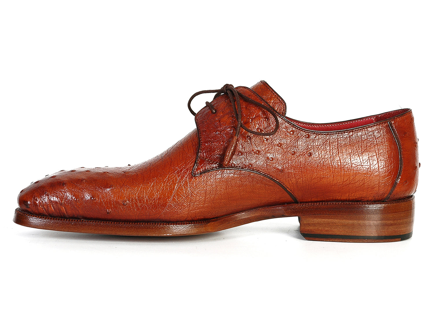 Paul Parkman Men's Tobacco Color Genuine Ostrich Leather Upper Derby shoes showcasing a luxurious design with leather wrapped laces and a double leather sole.