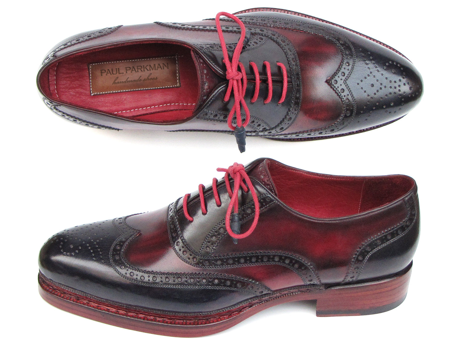 Paul Parkman Men's Triple Leather Sole Wingtip Brogues in Navy and Red, showcasing hand-painted leather upper and triple leather sole.