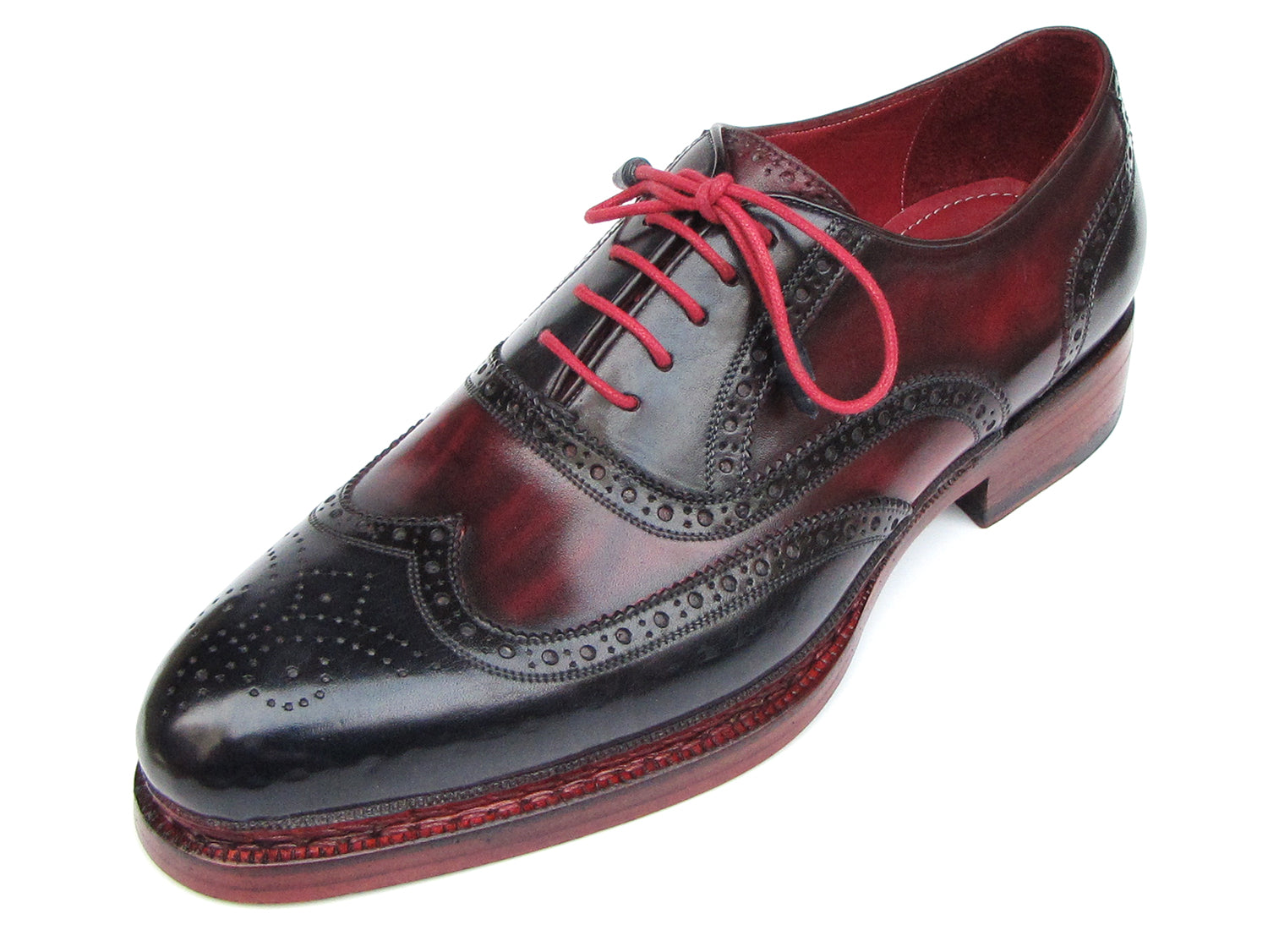 Paul Parkman Men's Triple Leather Sole Wingtip Brogues in Navy and Red, showcasing hand-painted leather upper and triple leather sole.