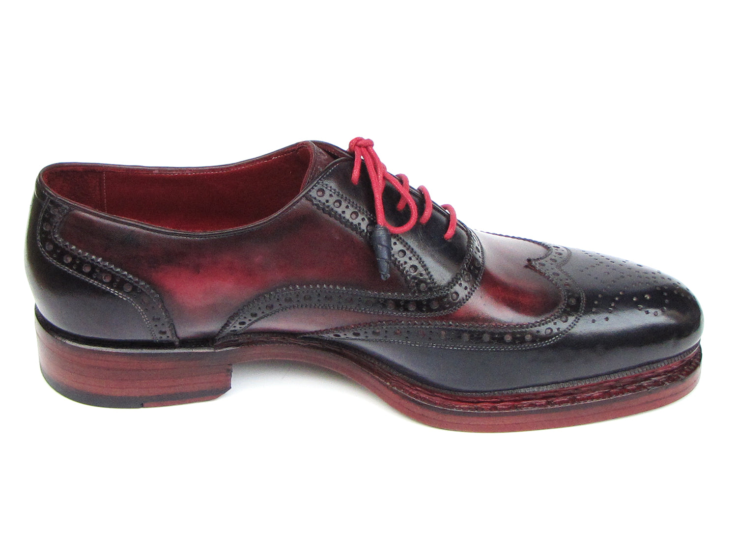 Paul Parkman Men's Triple Leather Sole Wingtip Brogues in Navy and Red, showcasing hand-painted leather upper and triple leather sole.