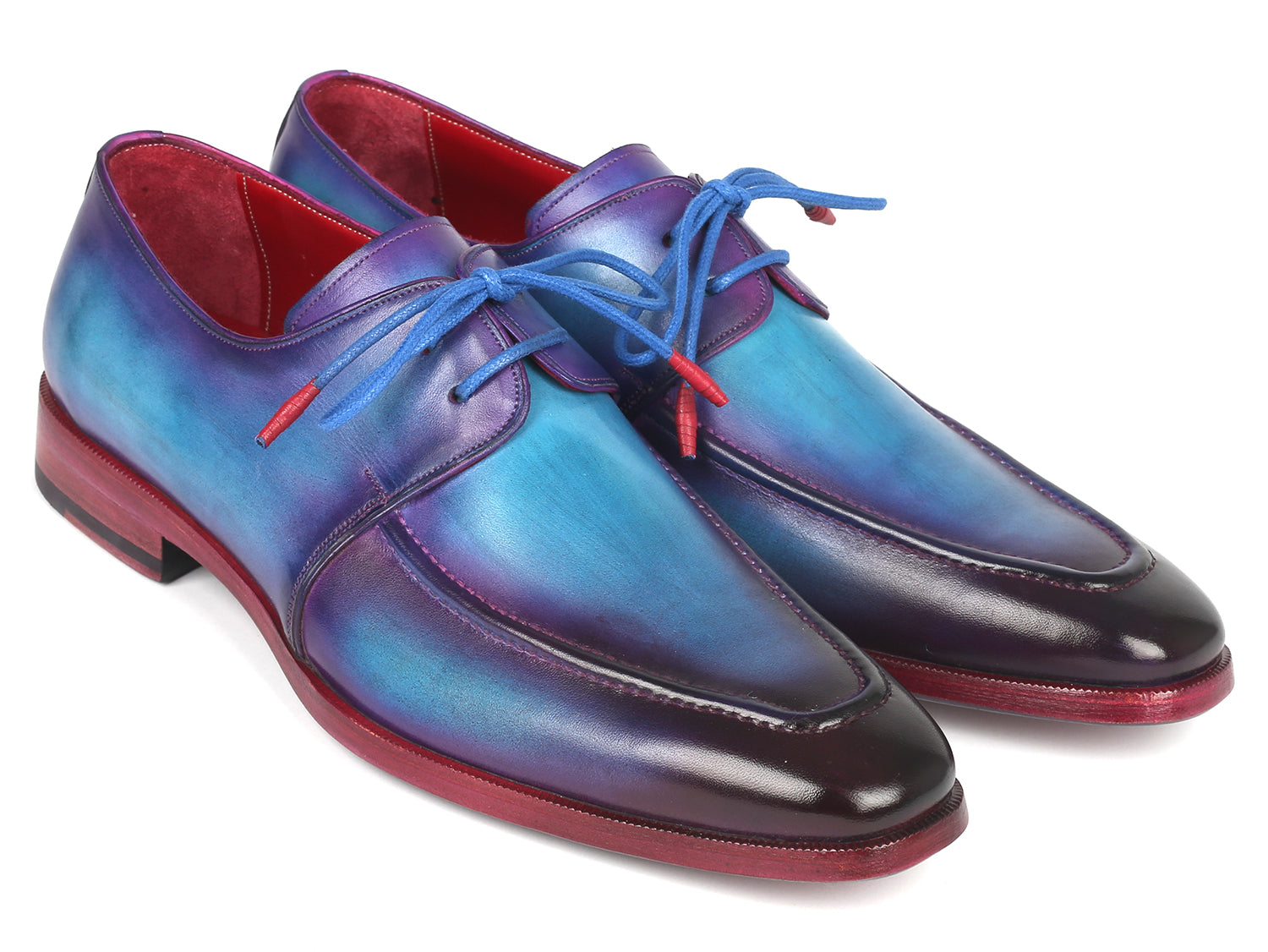 Paul Parkman Men's Turquoise & Purple Apron Derby Shoes showcasing hand-painted calfskin upper and bordeaux burnished leather sole.