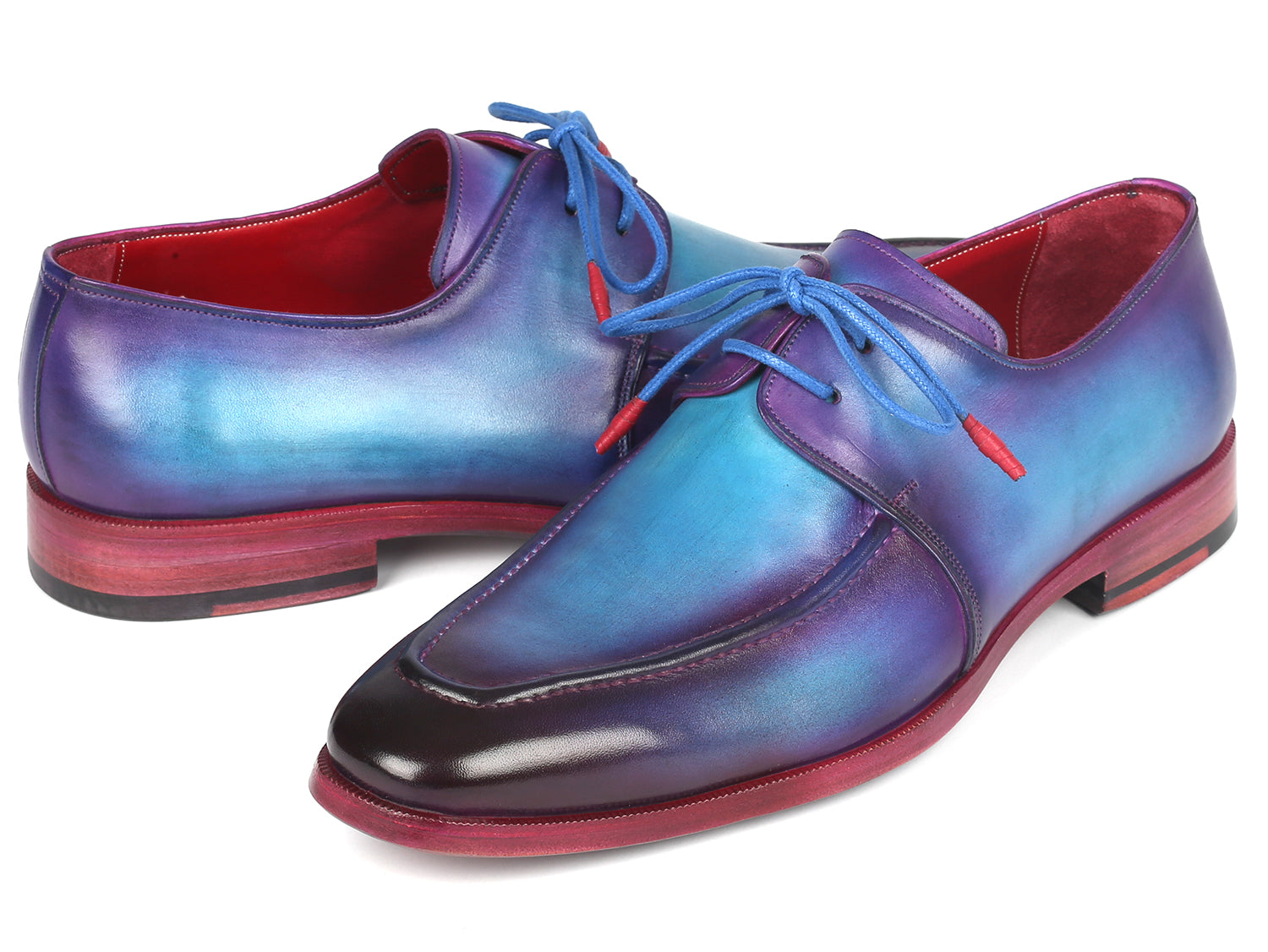 Paul Parkman Men's Turquoise & Purple Apron Derby Shoes showcasing hand-painted calfskin upper and bordeaux burnished leather sole.