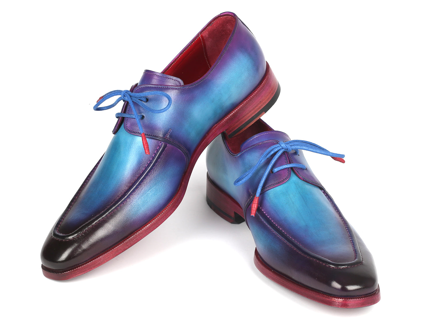 Paul Parkman Men's Turquoise & Purple Apron Derby Shoes showcasing hand-painted calfskin upper and bordeaux burnished leather sole.