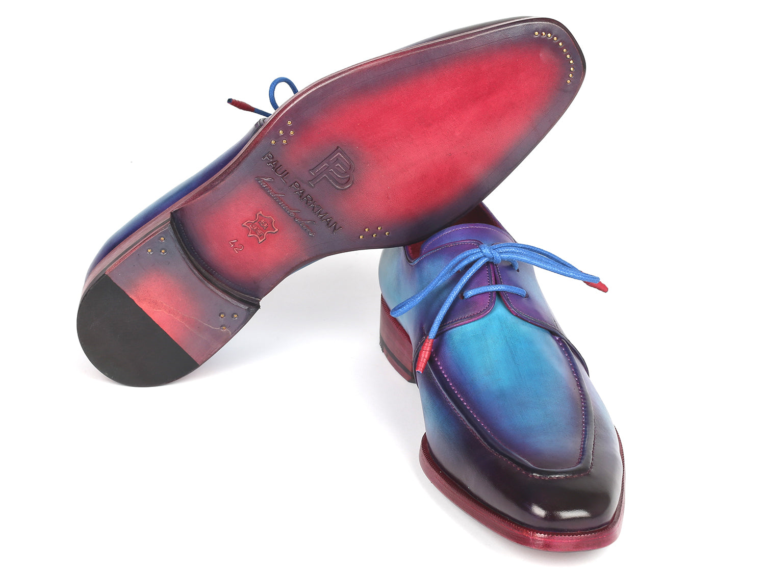 Paul Parkman Men's Turquoise & Purple Apron Derby Shoes showcasing hand-painted calfskin upper and bordeaux burnished leather sole.