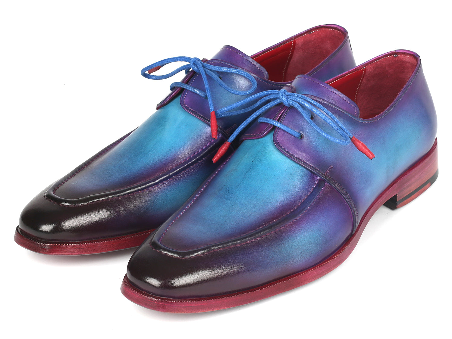 Paul Parkman Men's Turquoise & Purple Apron Derby Shoes showcasing hand-painted calfskin upper and bordeaux burnished leather sole.