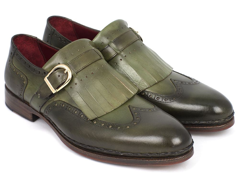 Paul Parkman Men's Wingtip Monkstrap Brogues in green, showcasing hand-painted finish and elegant wingtip design.