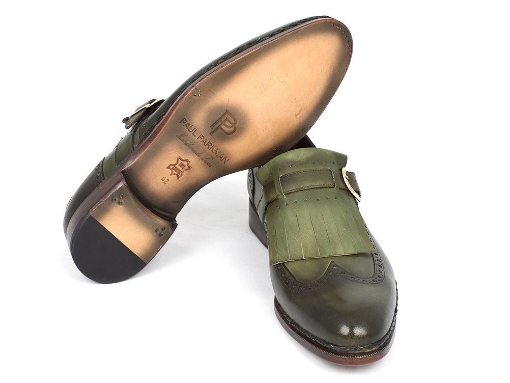 Paul Parkman Men's Wingtip Monkstrap Brogues in green, showcasing hand-painted finish and elegant wingtip design.