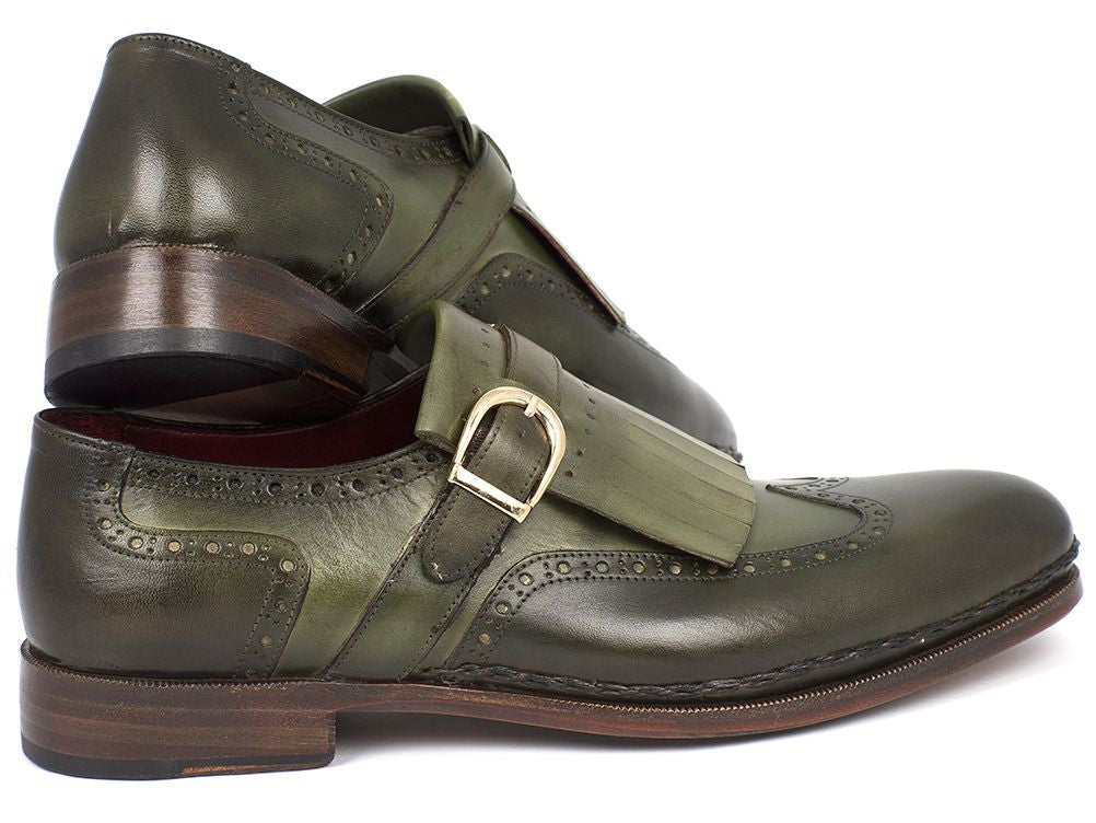 Paul Parkman Men's Wingtip Monkstrap Brogues in green, showcasing hand-painted finish and elegant wingtip design.