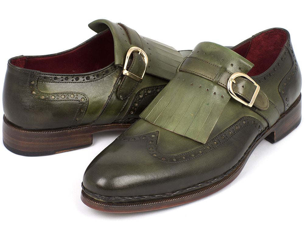 Paul Parkman Men's Wingtip Monkstrap Brogues in green, showcasing hand-painted finish and elegant wingtip design.