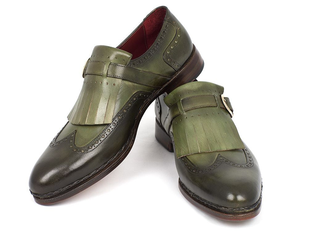 Paul Parkman Men's Wingtip Monkstrap Brogues in green, showcasing hand-painted finish and elegant wingtip design.