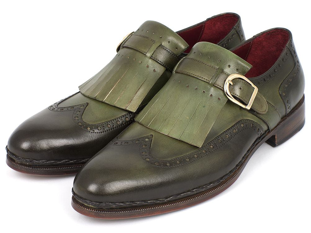 Paul Parkman Men's Wingtip Monkstrap Brogues in green, showcasing hand-painted finish and elegant wingtip design.