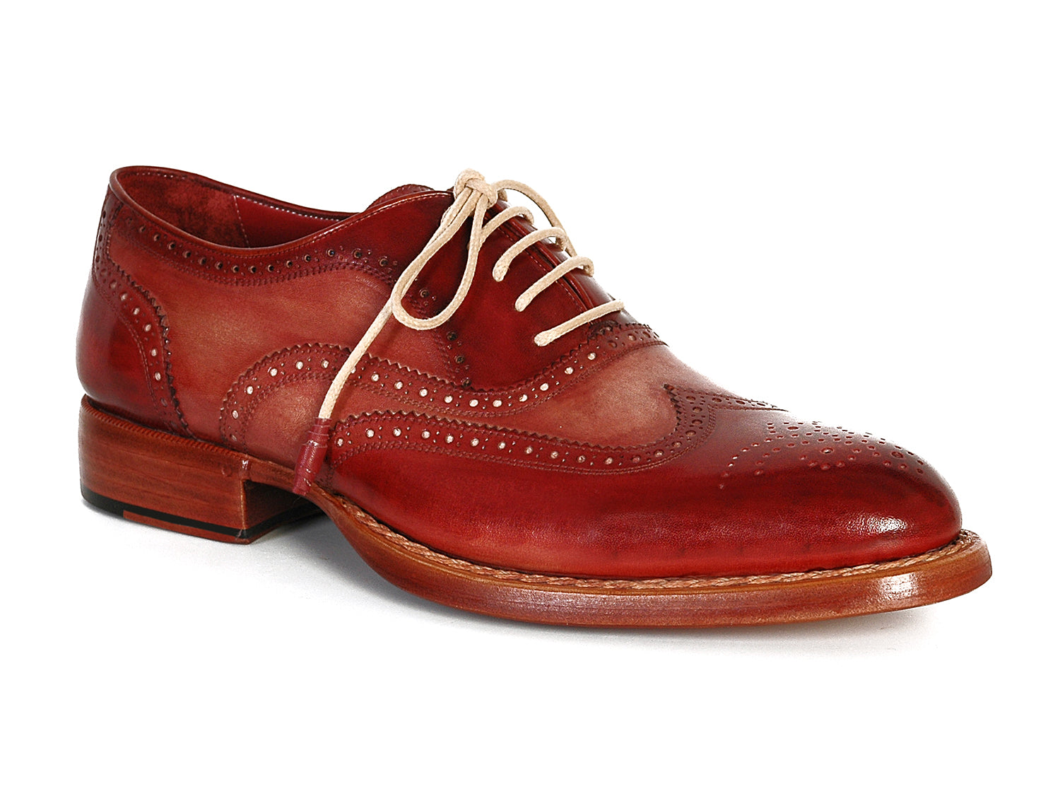 Paul Parkman Men's Wingtip Oxfords in Bordeaux and Camel, showcasing hand-painted leather upper and elegant design.