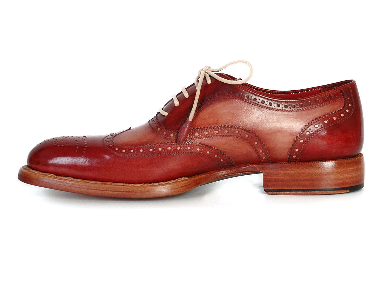 Paul Parkman Men's Wingtip Oxfords in Bordeaux and Camel, showcasing hand-painted leather upper and elegant design.