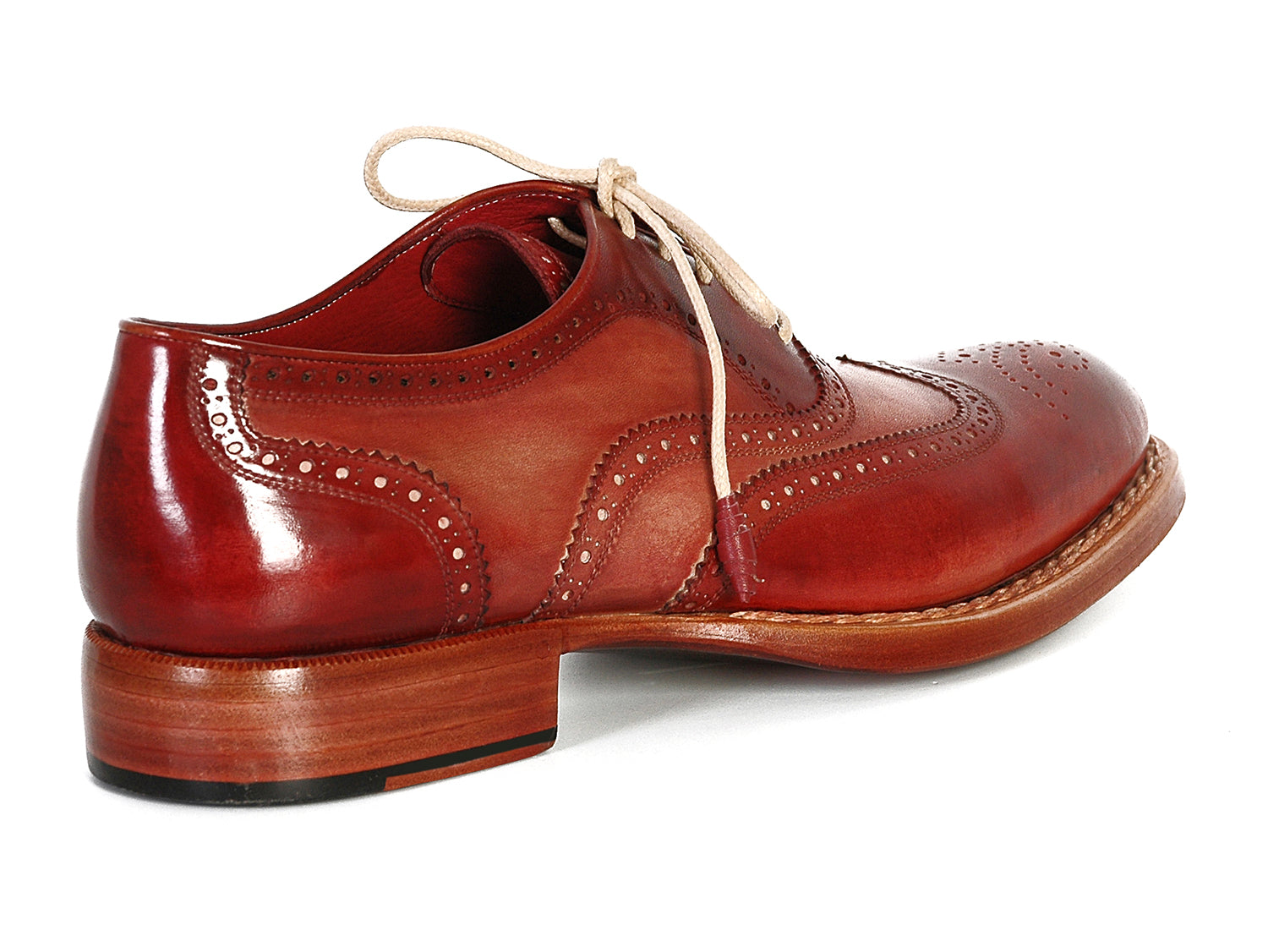 Paul Parkman Men's Wingtip Oxfords in Bordeaux and Camel, showcasing hand-painted leather upper and elegant design.