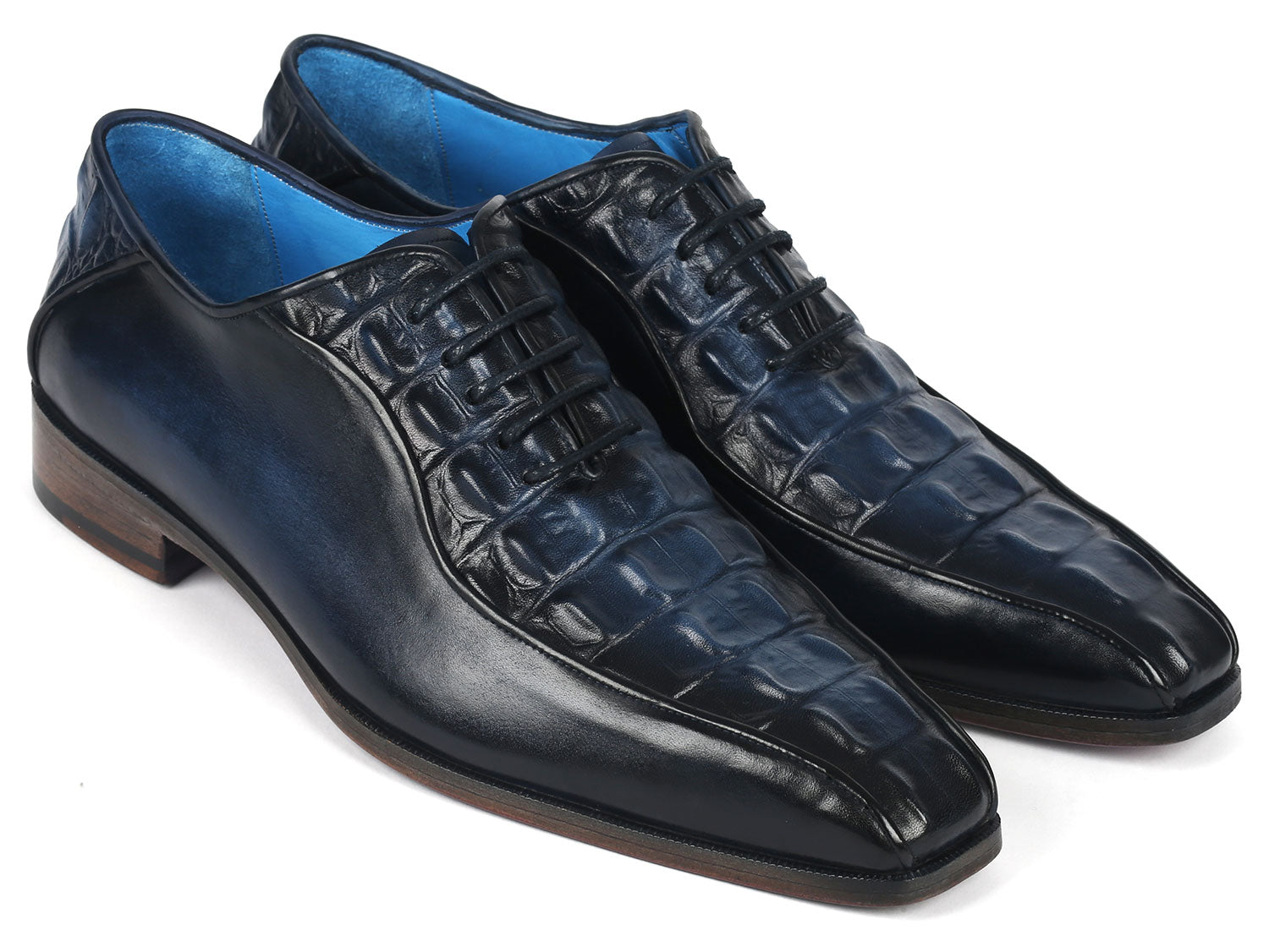 Paul Parkman Navy Croco Textured Leather Bicycle Toe Oxfords showcasing a luxurious navy leather upper with a unique bicycle toe design and purple burnished sole.