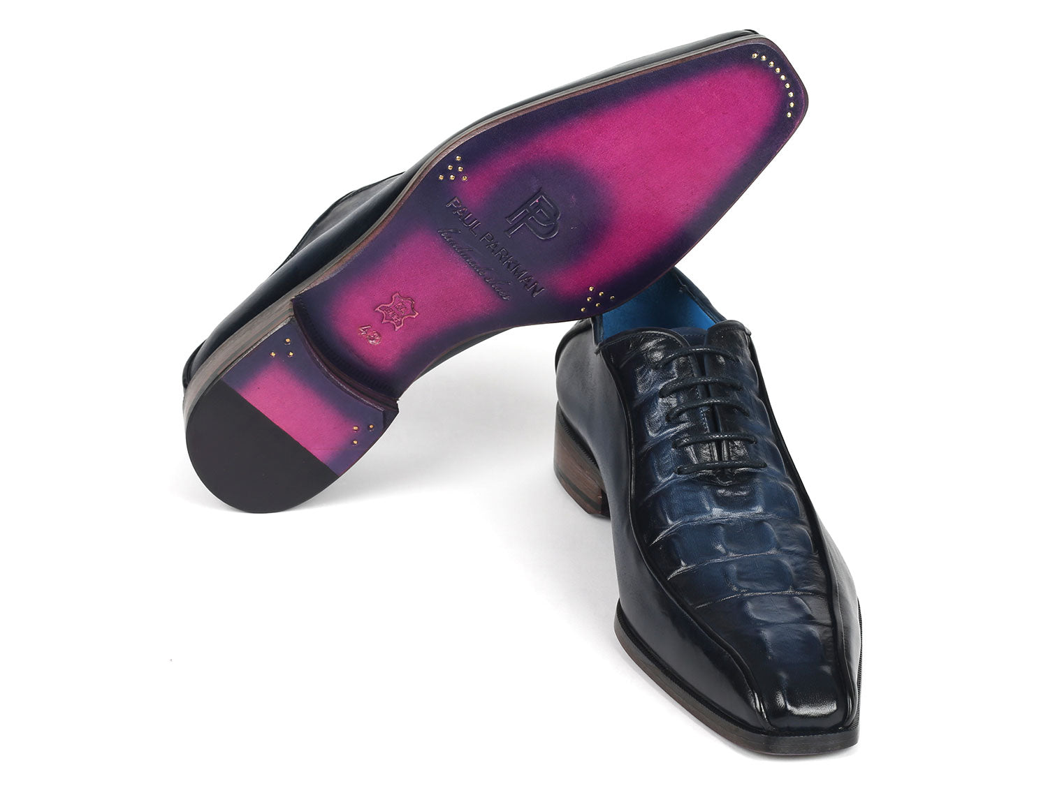 Paul Parkman Navy Croco Textured Leather Bicycle Toe Oxfords showcasing a luxurious navy leather upper with a unique bicycle toe design and purple burnished sole.