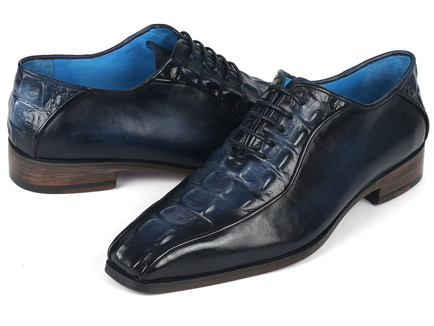 Paul Parkman Navy Croco Textured Leather Bicycle Toe Oxfords showcasing a luxurious navy leather upper with a unique bicycle toe design and purple burnished sole.