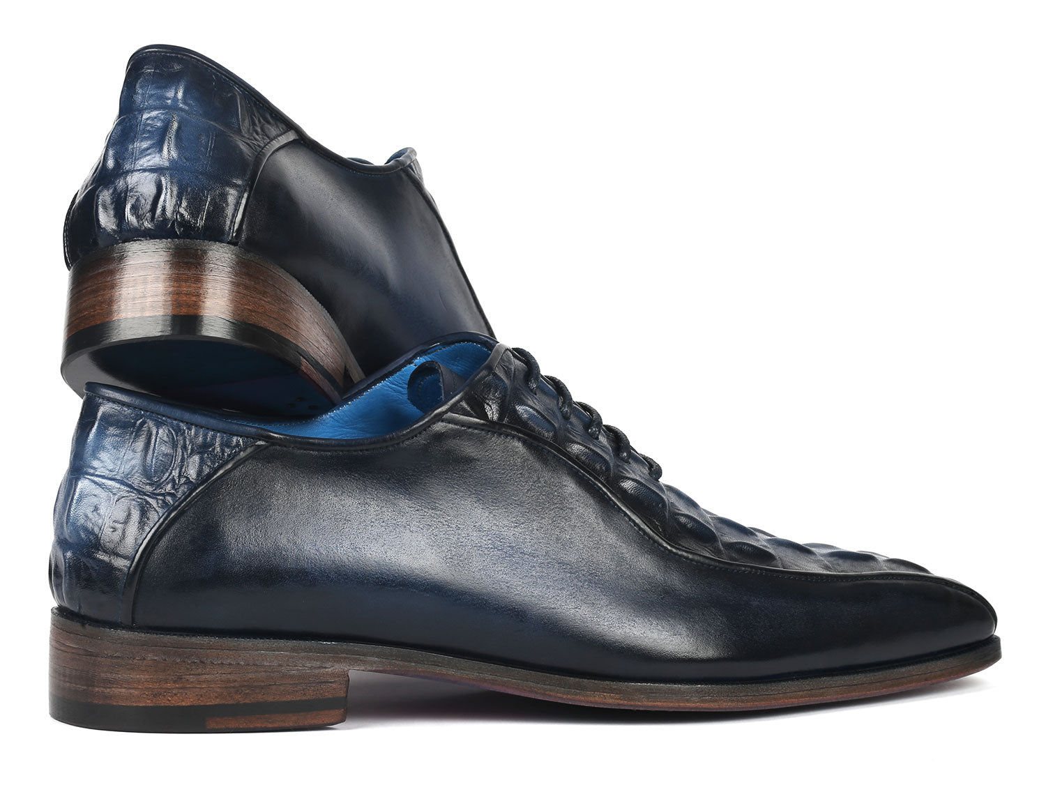 Paul Parkman Navy Croco Textured Leather Bicycle Toe Oxfords showcasing a luxurious navy leather upper with a unique bicycle toe design and purple burnished sole.