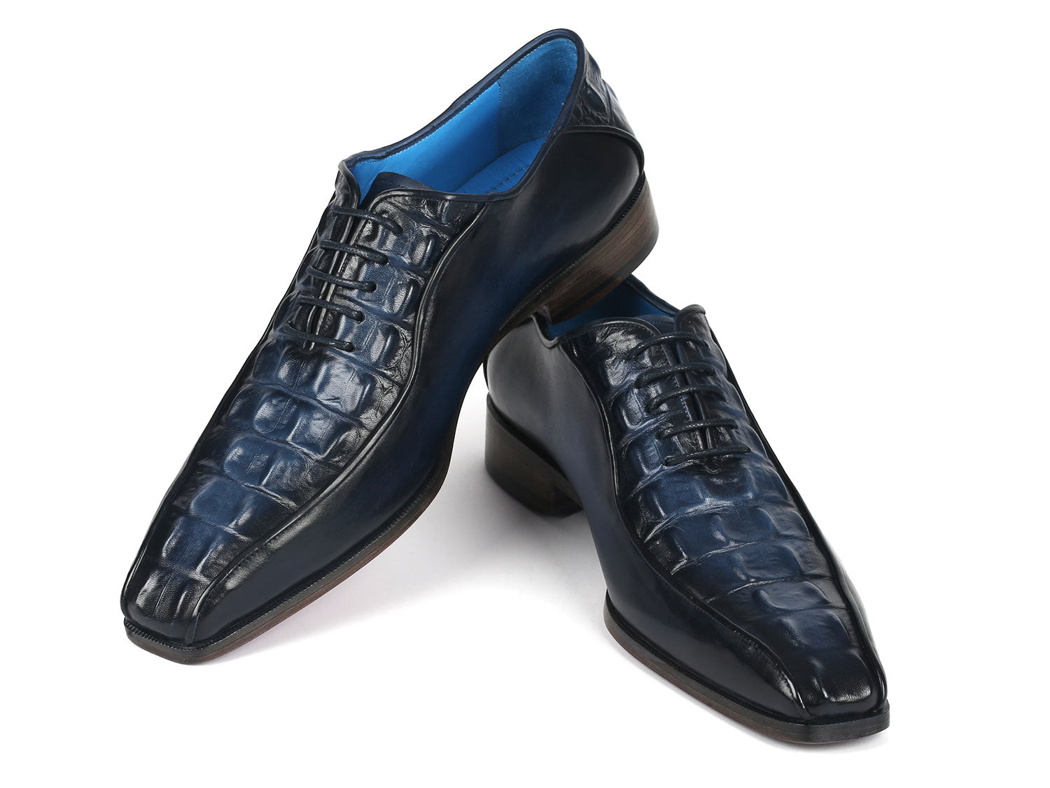 Paul Parkman Navy Croco Textured Leather Bicycle Toe Oxfords showcasing a luxurious navy leather upper with a unique bicycle toe design and purple burnished sole.