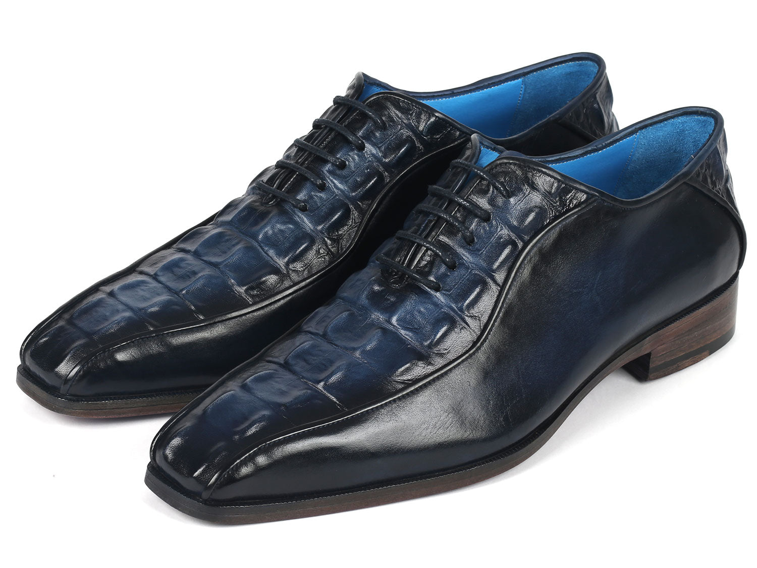 Paul Parkman Navy Croco Textured Leather Bicycle Toe Oxfords showcasing a luxurious navy leather upper with a unique bicycle toe design and purple burnished sole.