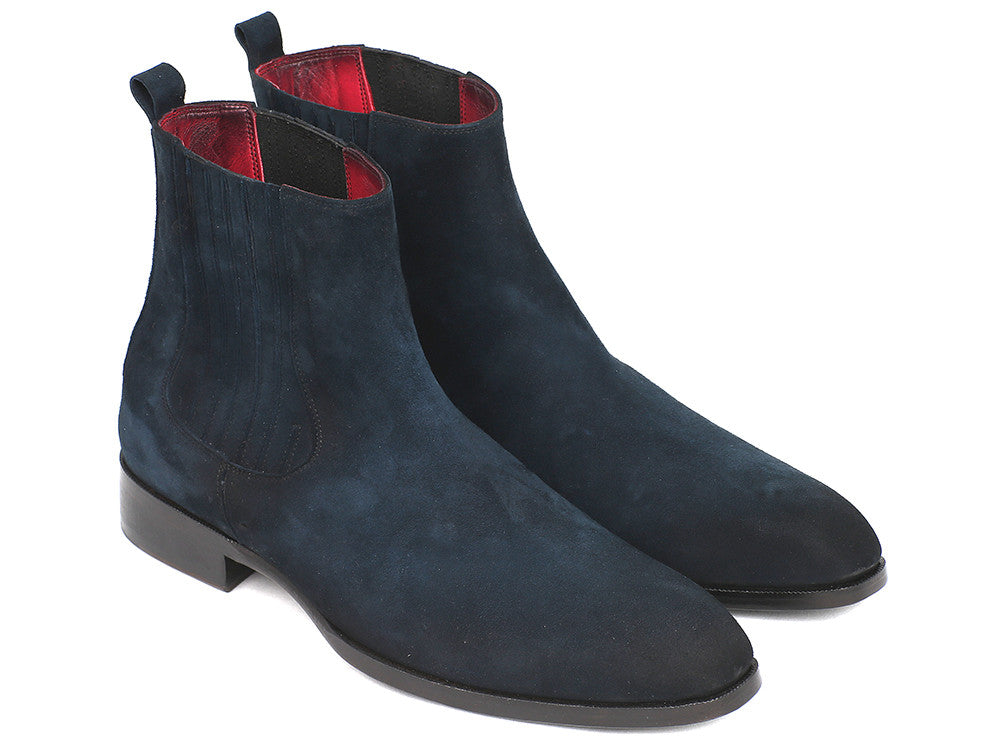 Paul Parkman Navy Suede Chelsea Boots featuring a luxurious navy suede upper and antique finished leather sole.