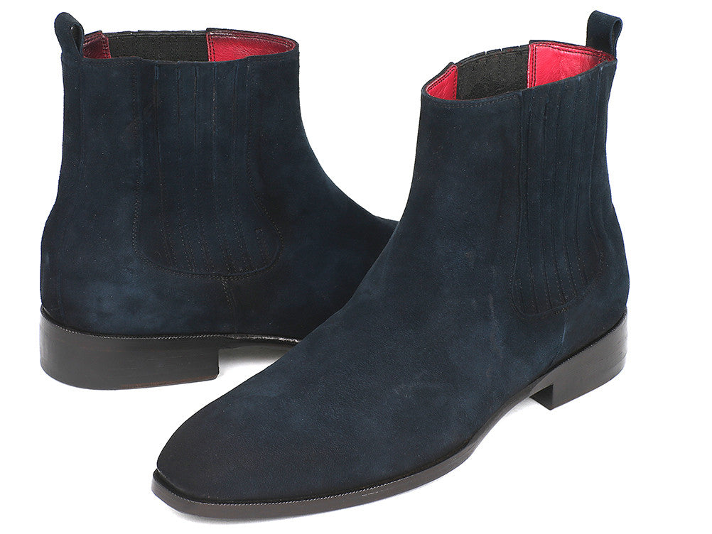 Paul Parkman Navy Suede Chelsea Boots featuring a luxurious navy suede upper and antique finished leather sole.