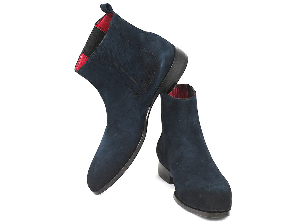 Paul Parkman Navy Suede Chelsea Boots featuring a luxurious navy suede upper and antique finished leather sole.