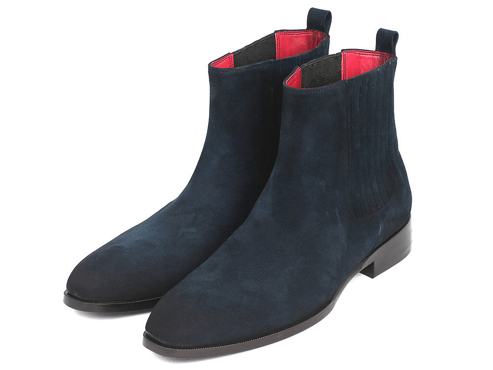 Paul Parkman Navy Suede Chelsea Boots featuring a luxurious navy suede upper and antique finished leather sole.