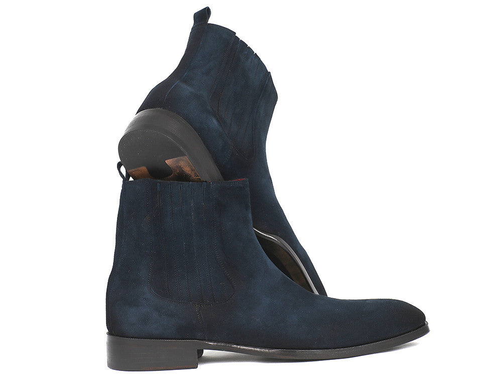 Paul Parkman Navy Suede Chelsea Boots featuring a luxurious navy suede upper and antique finished leather sole.