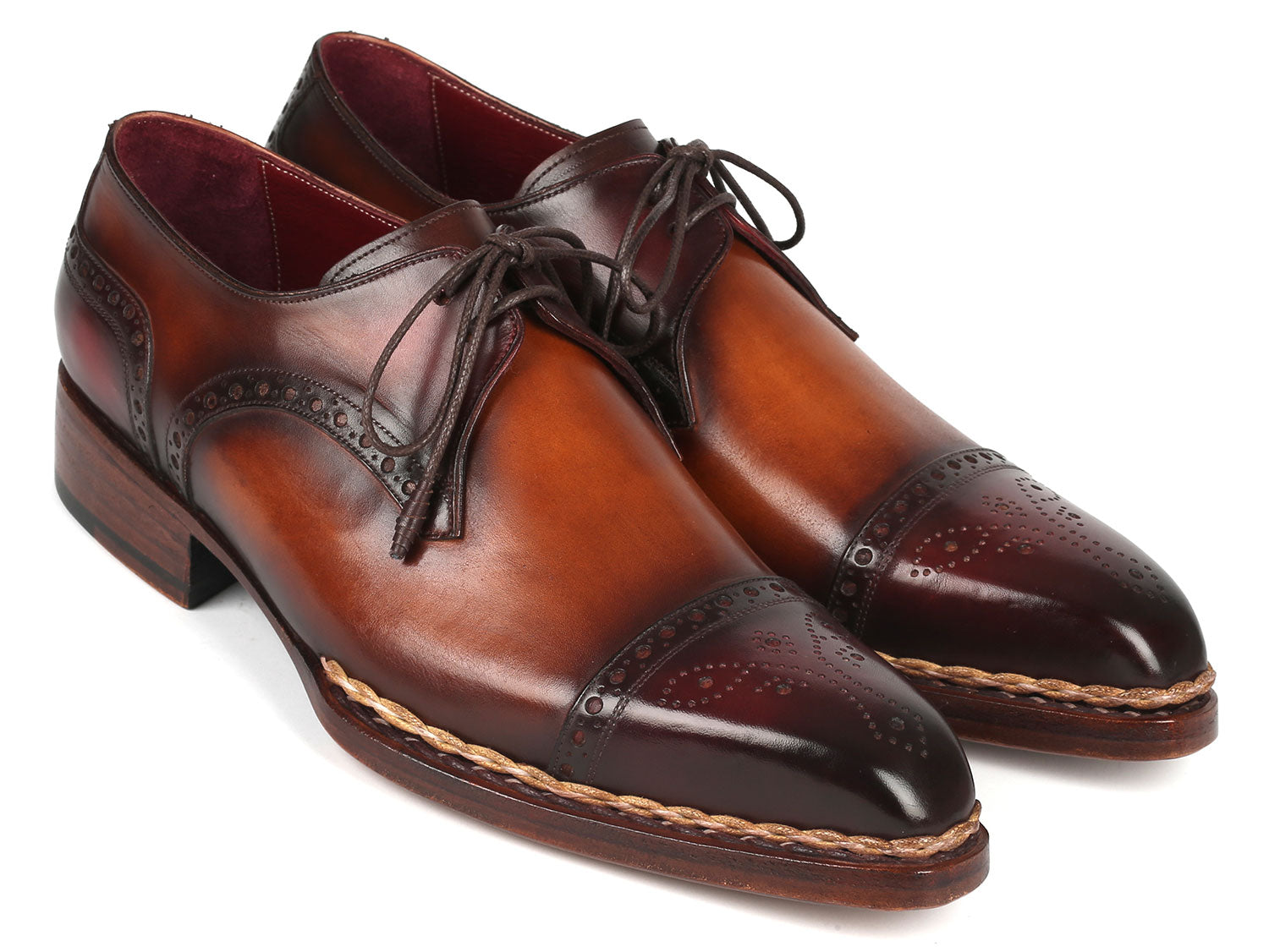 Paul Parkman Norwegian Welted Cap Toe Derby Shoes in Bordeaux and Brown, showcasing luxurious hand-painted leather and elegant cap-toe design.