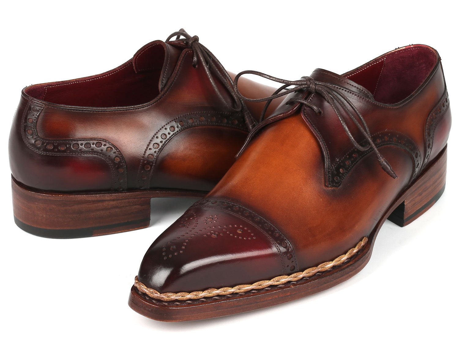 Paul Parkman Norwegian Welted Cap Toe Derby Shoes in Bordeaux and Brown, showcasing luxurious hand-painted leather and elegant cap-toe design.