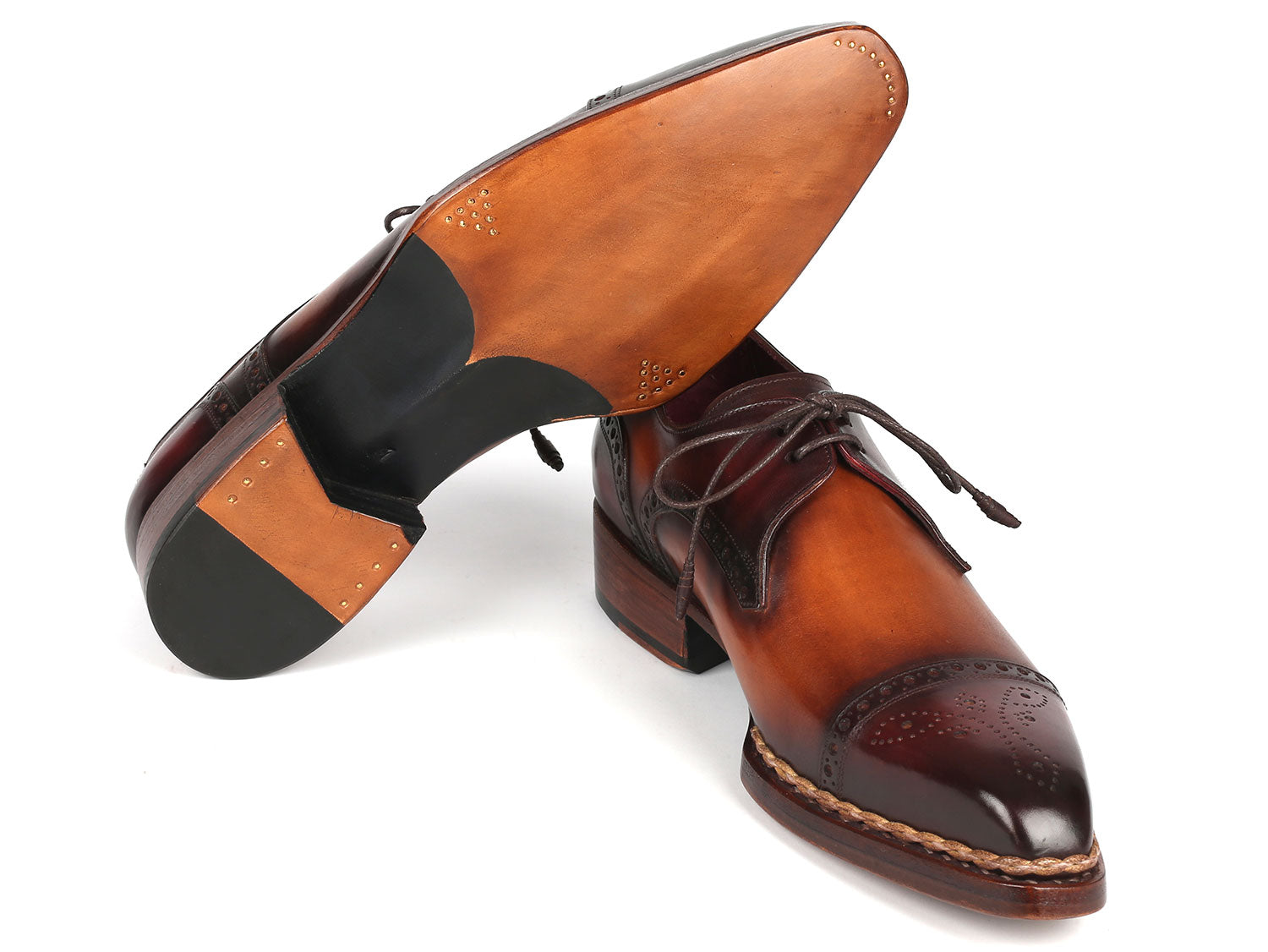 Paul Parkman Norwegian Welted Cap Toe Derby Shoes in Bordeaux and Brown, showcasing luxurious hand-painted leather and elegant cap-toe design.