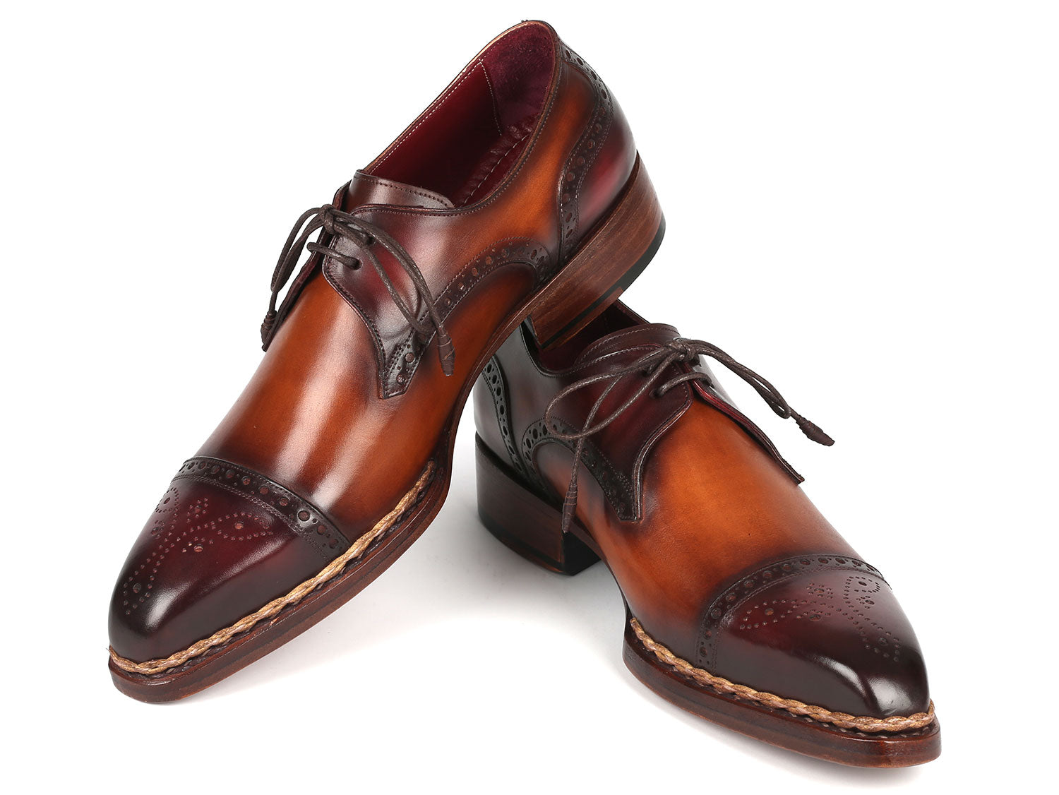 Paul Parkman Norwegian Welted Cap Toe Derby Shoes in Bordeaux and Brown, showcasing luxurious hand-painted leather and elegant cap-toe design.