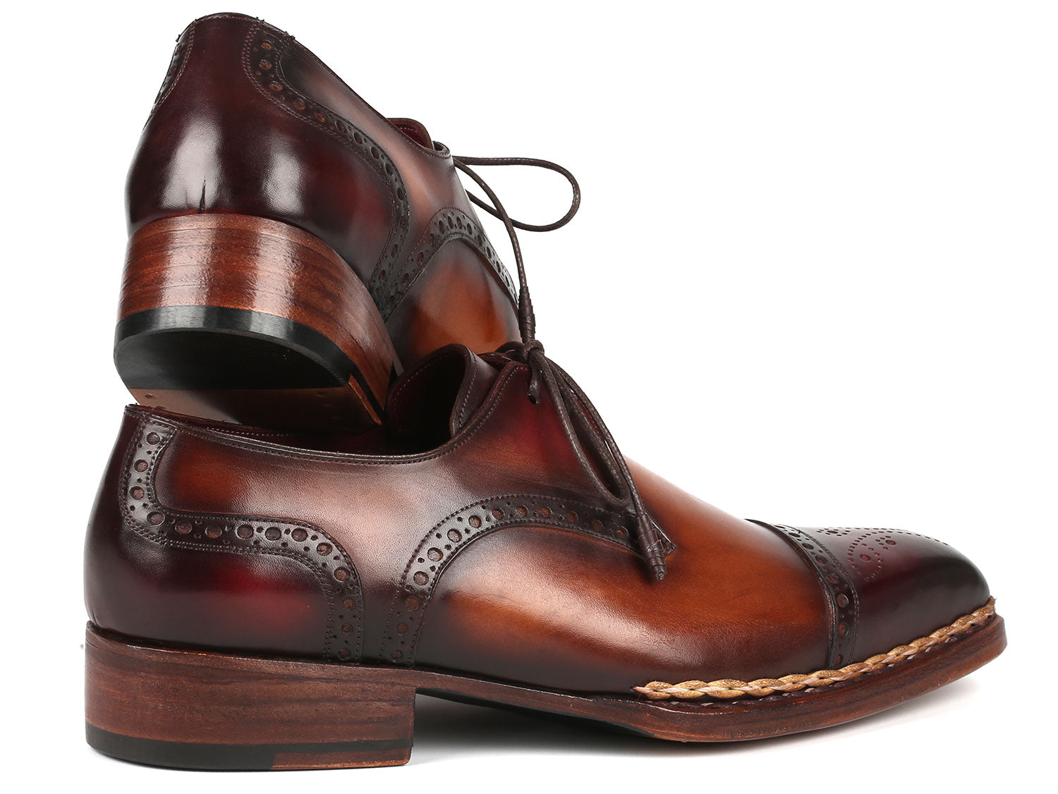 Paul Parkman Norwegian Welted Cap Toe Derby Shoes in Bordeaux and Brown, showcasing luxurious hand-painted leather and elegant cap-toe design.