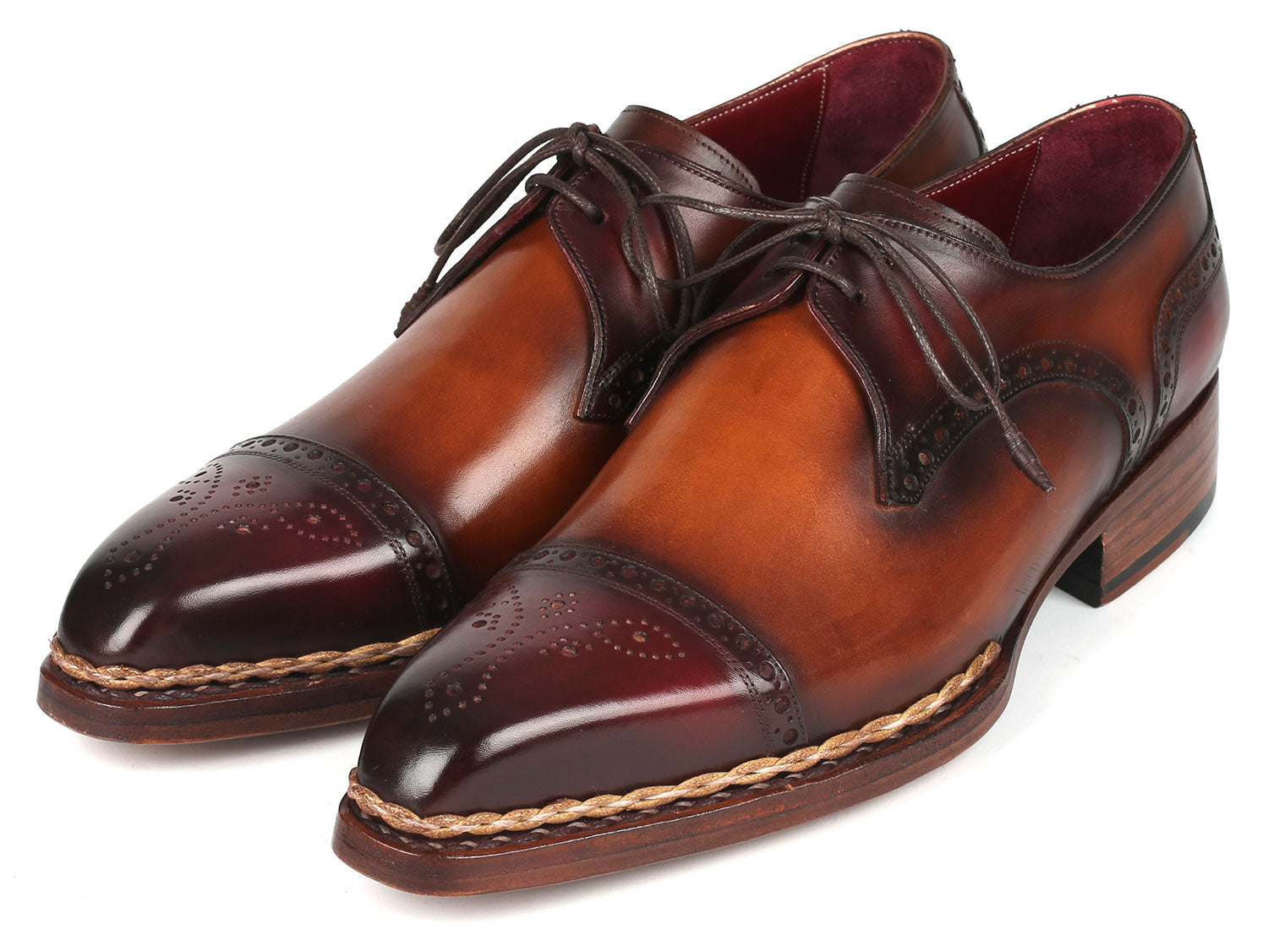 Paul Parkman Norwegian Welted Cap Toe Derby Shoes in Bordeaux and Brown, showcasing luxurious hand-painted leather and elegant cap-toe design.