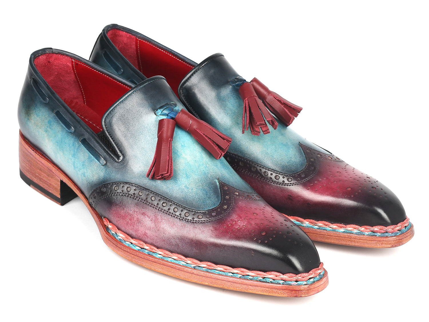 Paul Parkman Norwegian Welted Tassel Loafers in blue and purple, showcasing hand-painted leather and tassel detail.