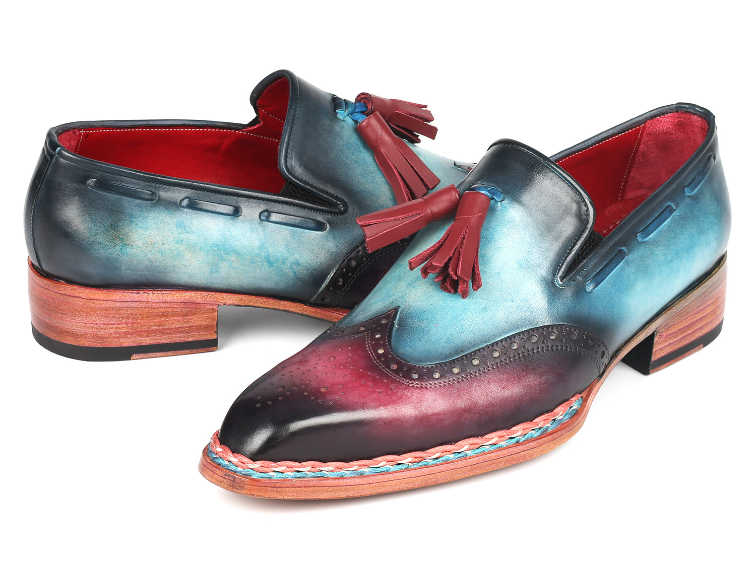 Paul Parkman Norwegian Welted Tassel Loafers in blue and purple, showcasing hand-painted leather and tassel detail.