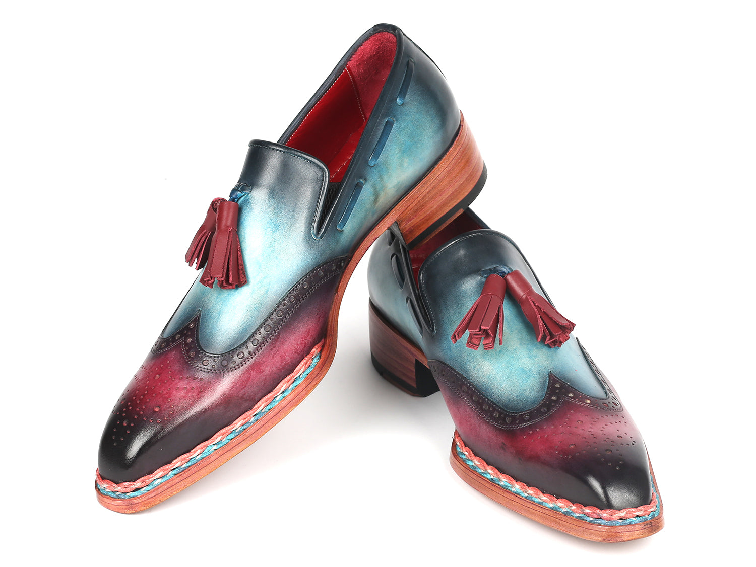 Paul Parkman Norwegian Welted Tassel Loafers in blue and purple, showcasing hand-painted leather and tassel detail.