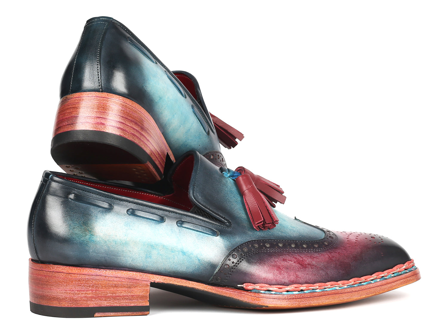 Paul Parkman Norwegian Welted Tassel Loafers in blue and purple, showcasing hand-painted leather and tassel detail.