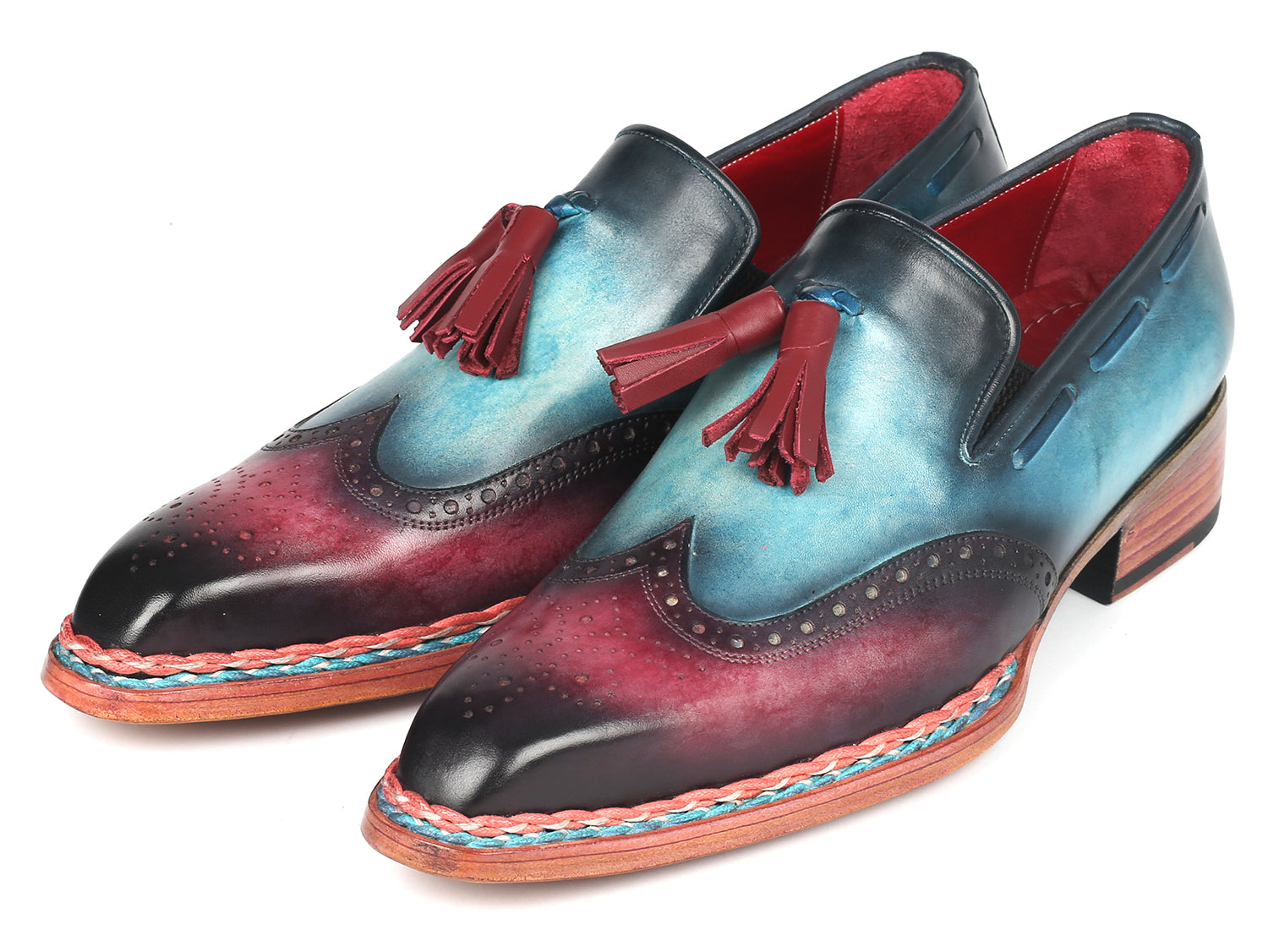 Paul Parkman Norwegian Welted Tassel Loafers in blue and purple, showcasing hand-painted leather and tassel detail.